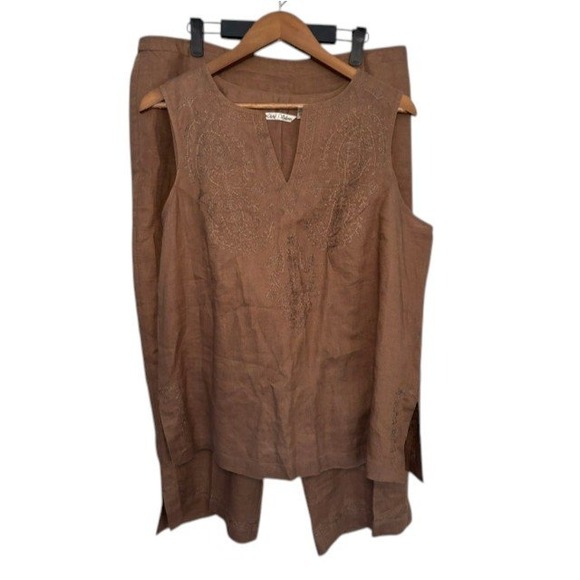 Nikki Valenti Pants - Nikki Valenti Womens 100% Irish Linen 2 Piece Pant Set Brown Embroidered Size 16
